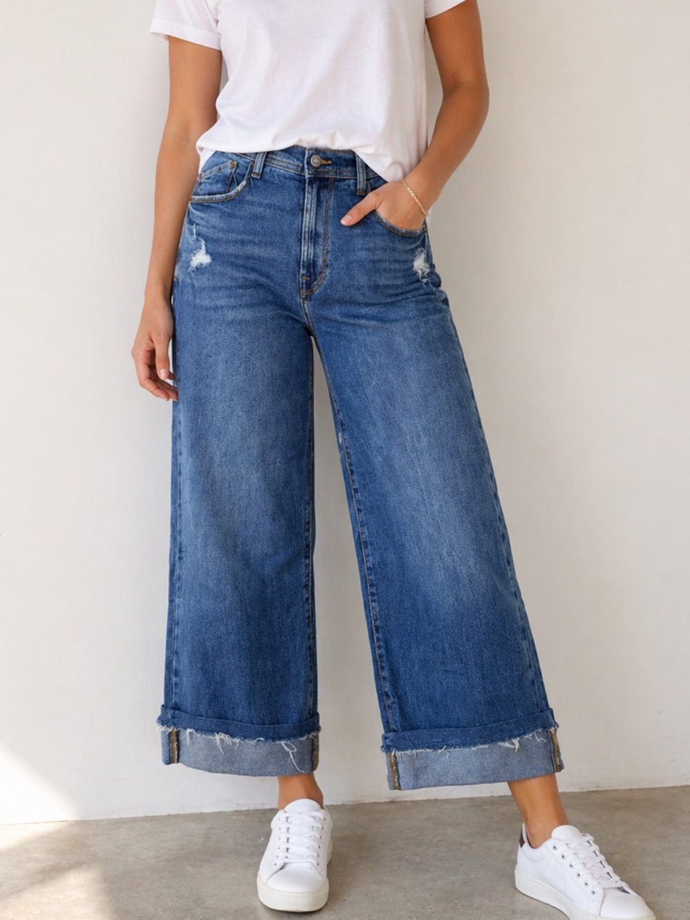 Kensie Wide Leg Flare Jeans in Medium Blue Denim